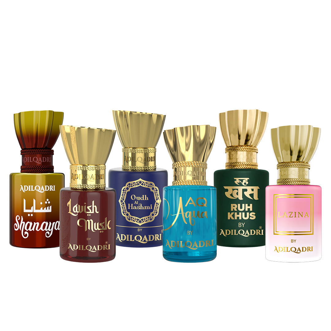 Pack Of 6 Shanaya, Lavish Musk, Oudh AL Hashmi, AQ Aqua, Ruh Khus, Lazina Attar 5.5 Ml Each