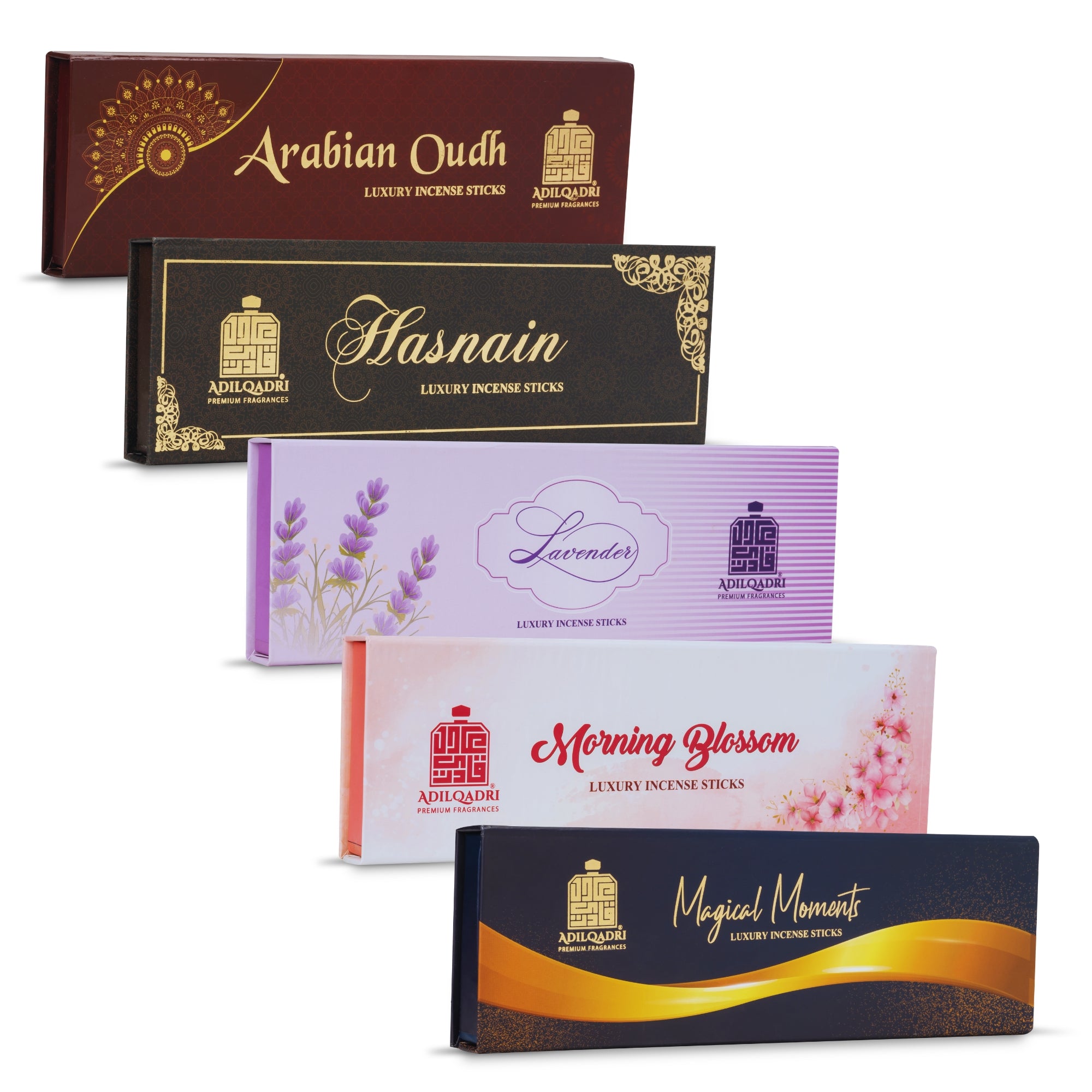 Pack Of 5 Arabian Oudh, Hasnain, Lavender, Morning Blossom & Magical Moments Agarbatti ( Incense Sticks ) 50gm Each