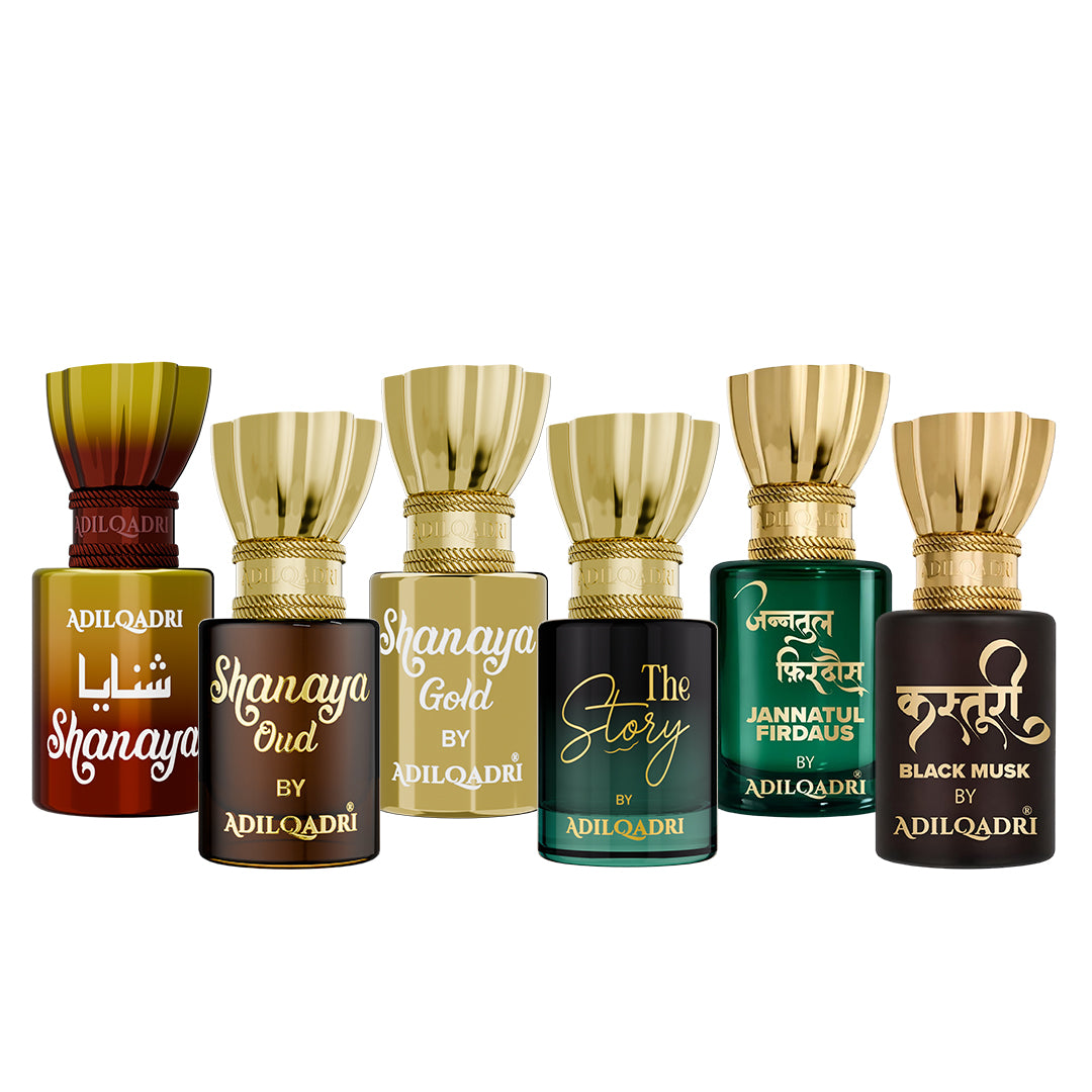 Pack of 6 Shanaya, Shanaya Oud, Shanaya Gold, The Story, Jannatul Firdaus, Kasturi Musk Attar 5.5 Ml Each