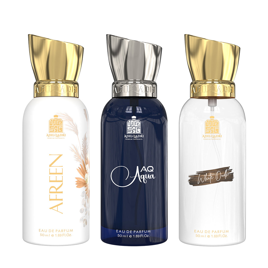 Pack Of 3 Afreen, AQ Aqua And White Oudh Premium Perfume Spray 50ml x 3