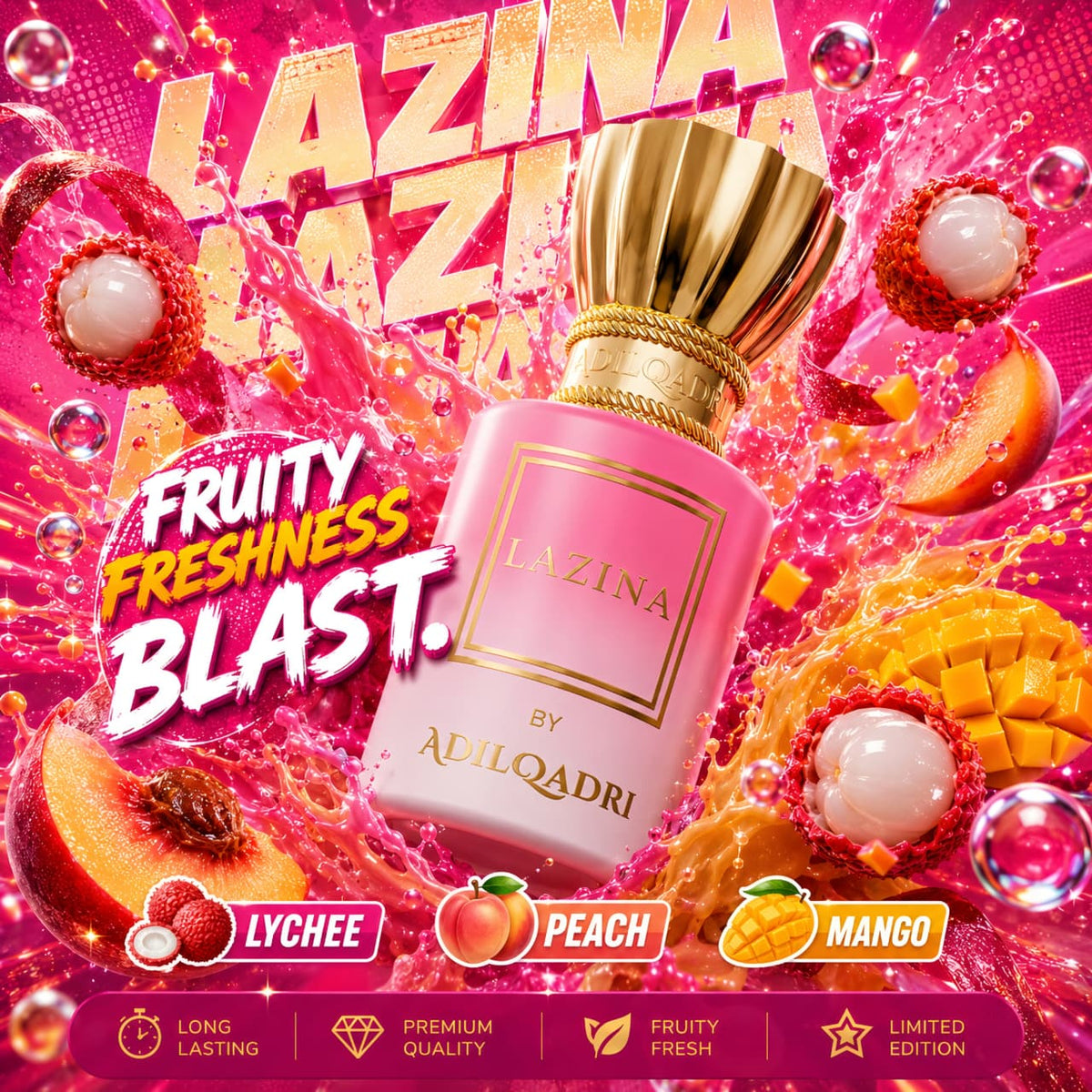 Lazina perfume bottle with fruit elements on a vibrant pink background
