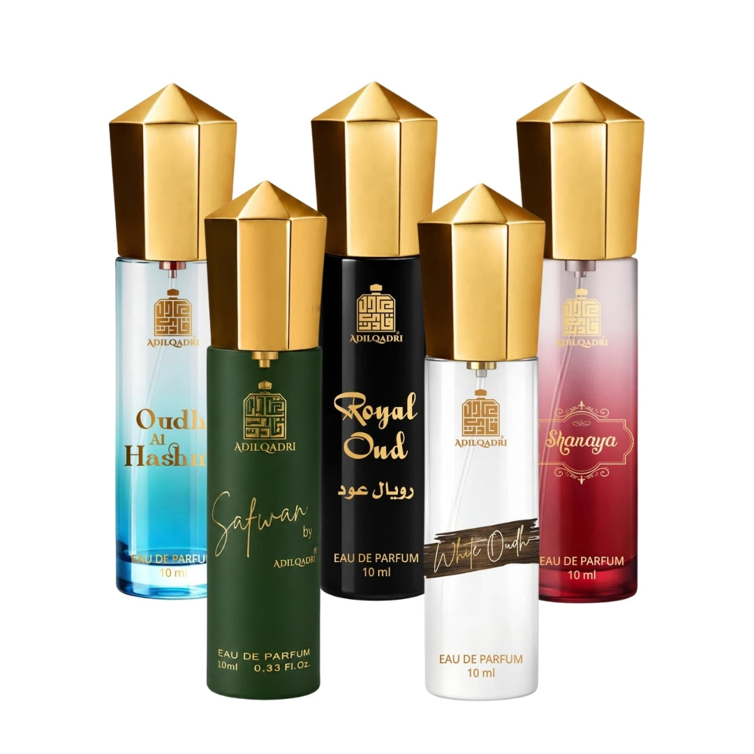 Pack Of 5 Oudh Al Hashmi, Safwan, Royal Oudh, White Oudh, And Shanaya Perfume Spray 10 ML Each