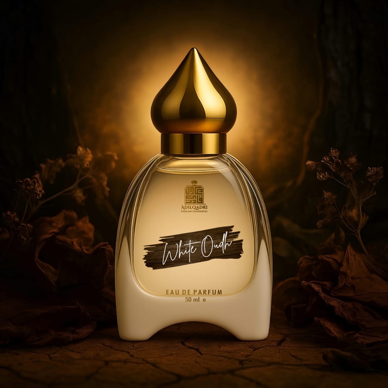 Perfume bottle with gold cap on a dark background