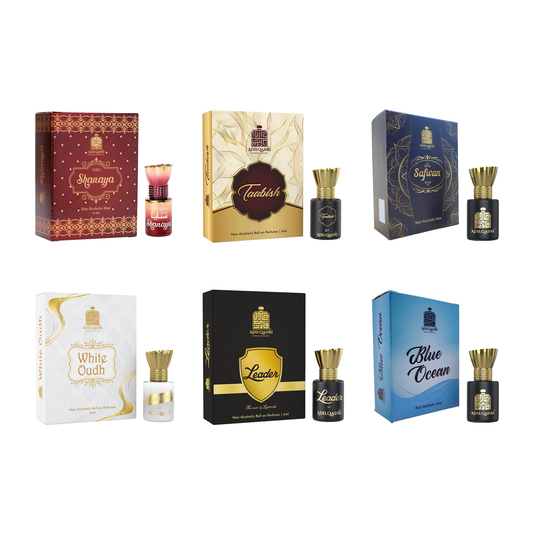 (COMBO) Shanaya, Taabish, White Oudh, Safwan, Blue Ocean & Leader 6 Premium Quality Attar Perfume (6 ML Each)